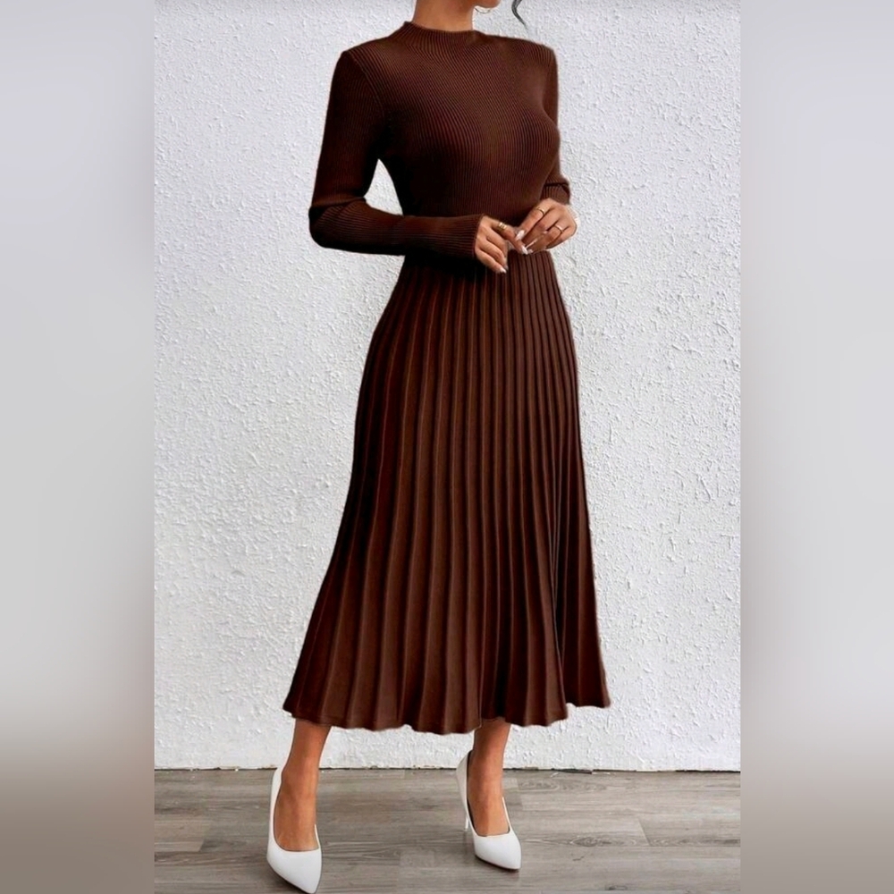 New Chic Ribbed Knit Pleated Long Skirt Flared Sweater Dress Brown